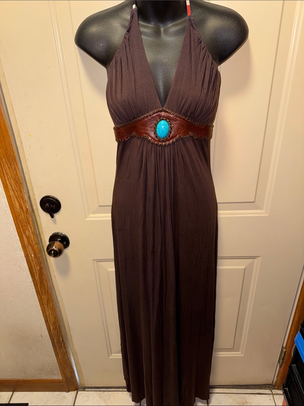Source Unknown Brown Halter Maxi Dress with Turquoise Accent